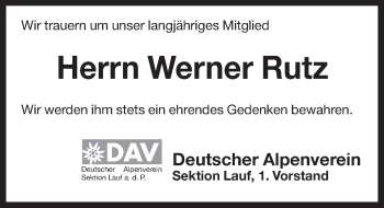 Traueranzeige von Werner Rutz von Pegnitz-Zeitung